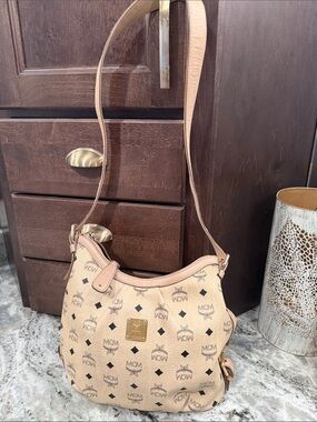 MCM Beige Logo Leather Shoulder/Crossbody Hobo Bag with Gold Plaque and Lock